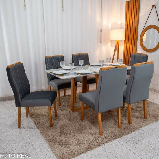 Mesa de Jantar Pedro 160x80 Vidro Off Base Madeira + 6 Cadeiras Lisboa Veludo Cinza 507 Art Assento - Entregue Montada