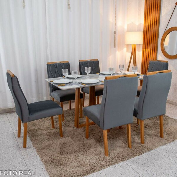 Mesa de Jantar Pedro 160x80 Vidro Off/Base Madeira + 6 Cad. Lisboa Veludo Cinza 507 Madeira Art Assento - Entregue Montada