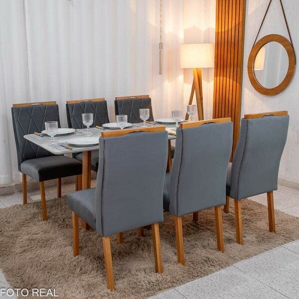 Mesa de Jantar Pedro 160x80 Vidro Off/Base Madeira + 6 Cad. Lisboa Veludo Cinza 507 Madeira Art Assento - Entregue Montada