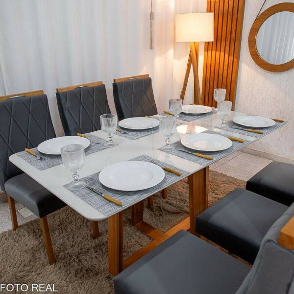 Mesa de Jantar Pedro 160x80 Vidro Off/Base Madeira + 6 Cad. Lisboa Veludo Cinza 507 Madeira Art Assento - Entregue Montada