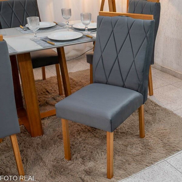 Mesa de Jantar Pedro 160x80 Vidro Off/Base Madeira + 6 Cad. Lisboa Veludo Cinza 507 Madeira Art Assento - Entregue Montada