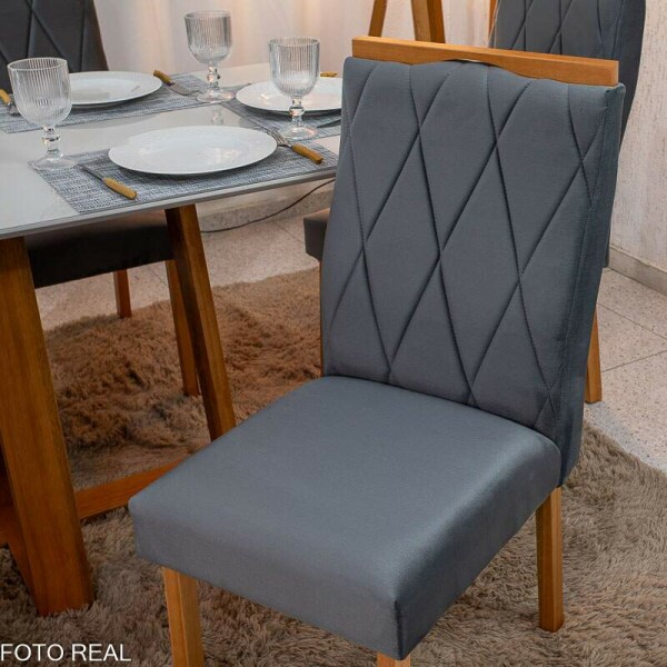 Mesa de Jantar Pedro 160x80 Vidro Off/Base Madeira + 6 Cad. Lisboa Veludo Cinza 507 Madeira Art Assento - Entregue Montada