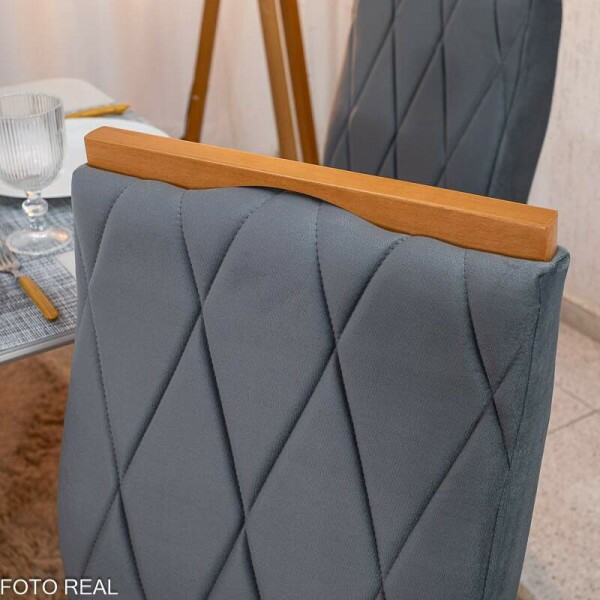 Mesa de Jantar Pedro 160x80 Vidro Off/Base Madeira + 6 Cad. Lisboa Veludo Cinza 507 Madeira Art Assento - Entregue Montada
