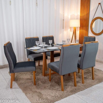 Mesa de Jantar Pedro 16080 Vidro Grafite/Base Madeira + 6 Cad. Lisboa Veludo Cinza 507 Madeira Art Assento - Entregue Montada