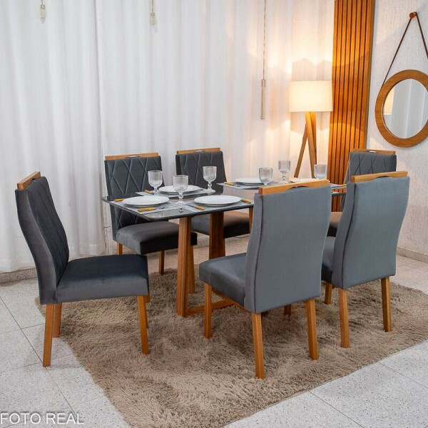 Mesa de Jantar Pedro 16080 Vidro Grafite/Base Madeira + 6 Cad. Lisboa Veludo Cinza 507 Madeira Art Assento - Entregue Montada