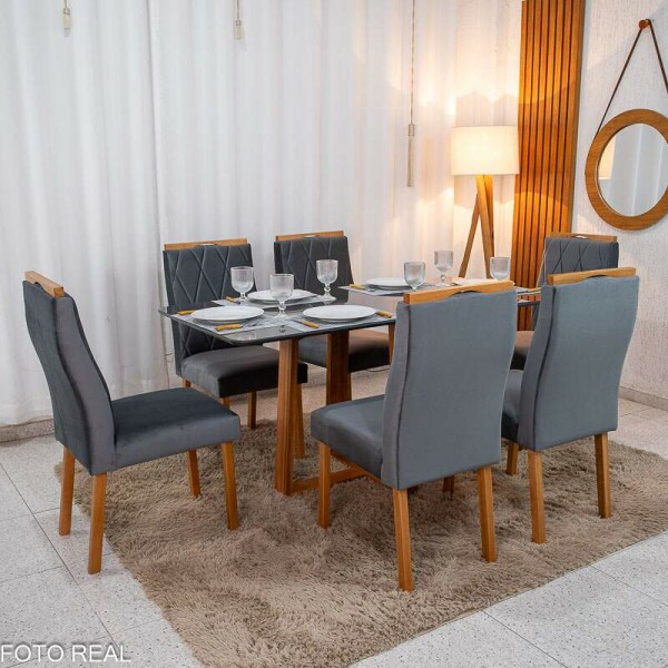 Mesa de Jantar Pedro 16080 Vidro Grafite/Base Madeira + 6 Cad. Lisboa Veludo Cinza 507 Madeira Art Assento - Entregue Montada