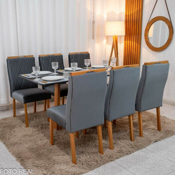 Mesa de Jantar Pedro 16080 Vidro Grafite/Base Madeira + 6 Cad. Lisboa Veludo Cinza 507 Madeira Art Assento - Entregue Montada