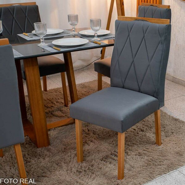 Mesa de Jantar Pedro 16080 Vidro Grafite/Base Madeira + 6 Cad. Lisboa Veludo Cinza 507 Madeira Art Assento - Entregue Montada