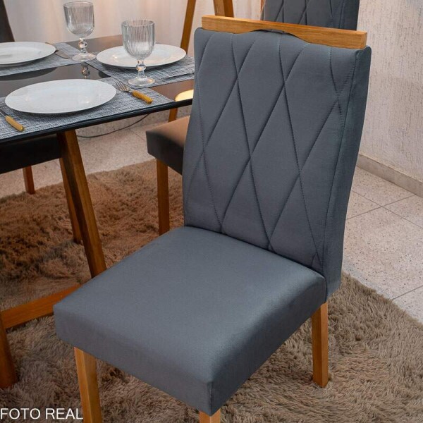 Mesa de Jantar Pedro 16080 Vidro Grafite/Base Madeira + 6 Cad. Lisboa Veludo Cinza 507 Madeira Art Assento - Entregue Montada