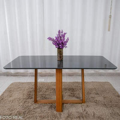 Mesa de Jantar Pedro 160x80 Vidro Grafite/Base Madeira Art Assento - Entregue Montada