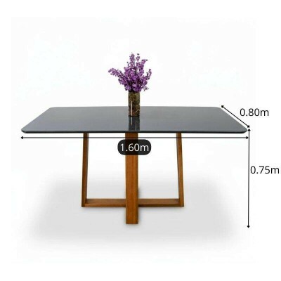 Mesa de Jantar Pedro 160x80 Vidro Grafite/Base Madeira Art Assento - Entregue Montada