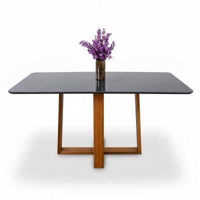 Mesa de Jantar Pedro 160x80 Vidro Grafite/Base Madeira Art Assento - Entregue Montada