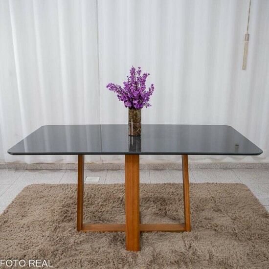 Mesa de Jantar Pedro 160x80 Vidro Grafite/Base Madeira Art Assento - Entregue Montada