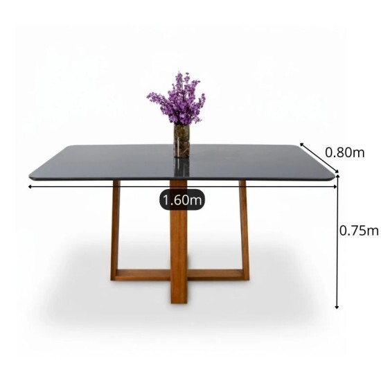 Mesa de Jantar Pedro 160x80 Vidro Grafite/Base Madeira Art Assento - Entregue Montada
