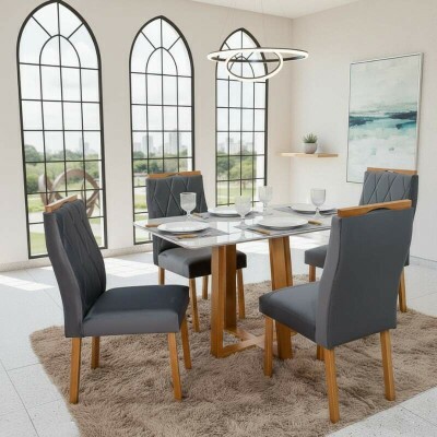 Mesa de Jantar Pedro 12080 Vidro Off/Base Madeira + 4 Cad. Lisboa Veludo Cinza 507 Madeira Art Assento - Entregue Montada