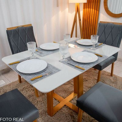 Mesa de Jantar Pedro 12080 Vidro Off/Base Madeira + 4 Cad. Lisboa Veludo Cinza 507 Madeira Art Assento - Entregue Montada
