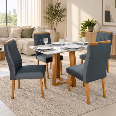 Mesa de Jantar Pedro 120x80 Vidro Off Base Madeira + 4 Cadeiras Lisboa Veludo Cinza 507 Art Assento - Entregue Montada
