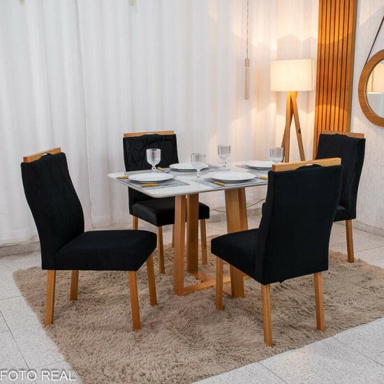 Mesa de Jantar Pedro 120x80 Vidro Off Base Madeira + 4 Cadeiras Lisboa Veludo Preto 504 Art Assento - Entregue Montada