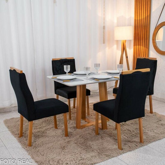 Mesa de Jantar Pedro 120x80 Vidro Off Base Madeira + 4 Cadeiras Lisboa Veludo Preto 504 Art Assento - Entregue Montada