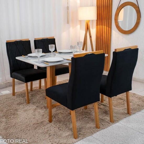 Mesa de Jantar Pedro 120x80 Vidro Off Base Madeira + 4 Cadeiras Lisboa Veludo Preto 504 Art Assento - Entregue Montada