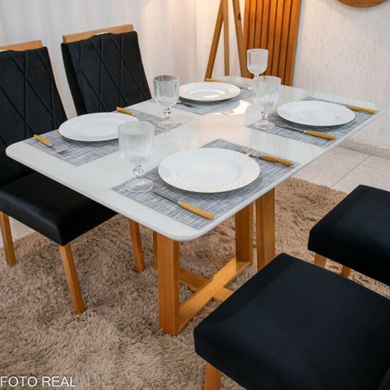 Mesa de Jantar Pedro 120x80 Vidro Off Base Madeira + 4 Cadeiras Lisboa Veludo Preto 504 Art Assento - Entregue Montada