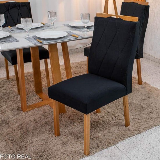 Mesa de Jantar Pedro 120x80 Vidro Off Base Madeira + 4 Cadeiras Lisboa Veludo Preto 504 Art Assento - Entregue Montada