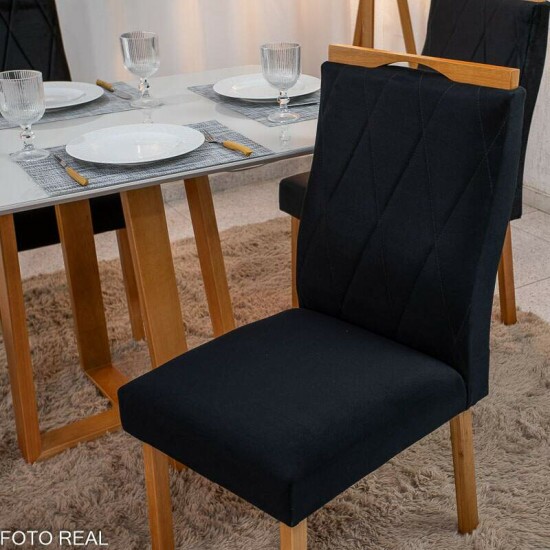Mesa de Jantar Pedro 120x80 Vidro Off Base Madeira + 4 Cadeiras Lisboa Veludo Preto 504 Art Assento - Entregue Montada