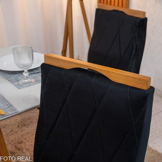 Mesa de Jantar Pedro 120x80 Vidro Off Base Madeira + 4 Cadeiras Lisboa Veludo Preto 504 Art Assento - Entregue Montada