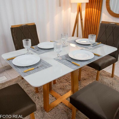 Mesa de Jantar Pedro 120x80 Vidro Off/Base Madeira + 4 Cad. Lisboa Veludo Marrom 509 Madeira Art Assento - Entregue Montada