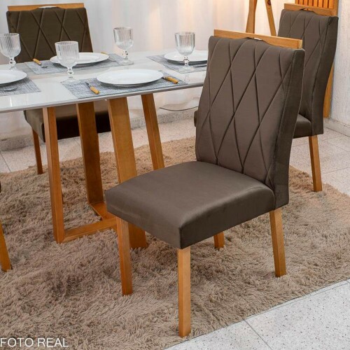 Mesa de Jantar Pedro 120x80 Vidro Off/Base Madeira + 4 Cad. Lisboa Veludo Marrom 509 Madeira Art Assento - Entregue Montada