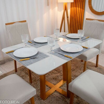 Mesa de Jantar Pedro 120x80 Vidro Off/Base Madeira + 4 Cad. Lisboa Veludo Bege 512 Madeira Art Assento - Entregue Montada