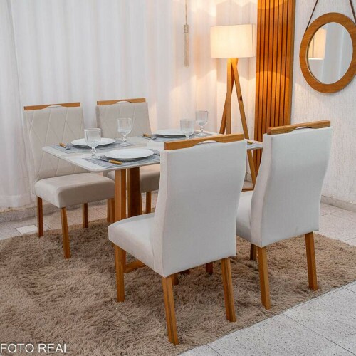 Mesa de Jantar Pedro 120x80 Vidro Off/Base Madeira + 4 Cad. Lisboa Veludo Bege 512 Madeira Art Assento - Entregue Montada