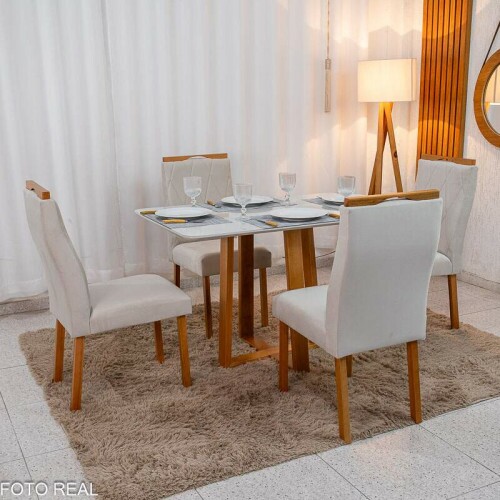 Mesa de Jantar Pedro 120x80 Vidro Off/Base Madeira + 4 Cad. Lisboa Veludo Bege 512 Madeira Art Assento - Entregue Montada