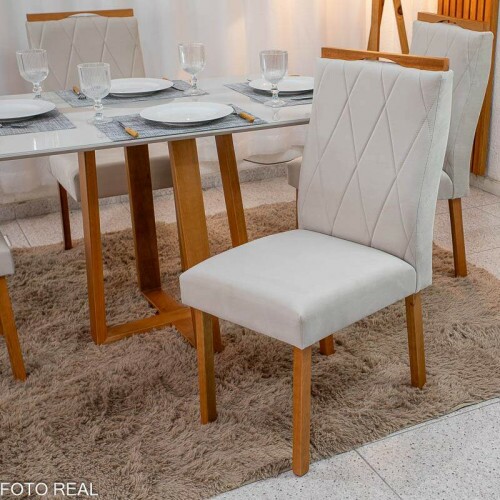 Mesa de Jantar Pedro 120x80 Vidro Off/Base Madeira + 4 Cad. Lisboa Veludo Bege 512 Madeira Art Assento - Entregue Montada