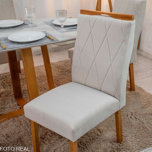 Mesa de Jantar Pedro 120x80 Vidro Off/Base Madeira + 4 Cad. Lisboa Veludo Bege 512 Madeira Art Assento - Entregue Montada