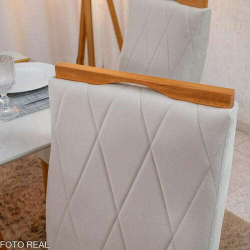 Mesa de Jantar Pedro 120x80 Vidro Off/Base Madeira + 4 Cad. Lisboa Veludo Bege 512 Madeira Art Assento - Entregue Montada