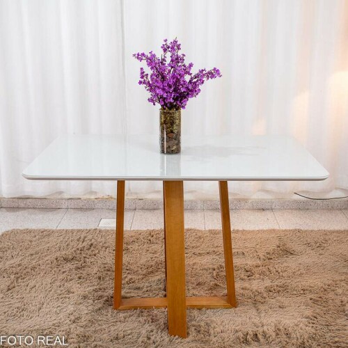 Mesa de Jantar Pedro 120x80 Vidro Off/Base Madeira + 4 Cad. Lisboa Veludo Bege 512 Madeira Art Assento - Entregue Montada