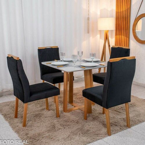Mesa de Jantar Pedro 90x90 Vidro Off/Base Madeira + 4 Cad. Lisboa Veludo Preto 504 Madeira Art Assento - Entregue Montada