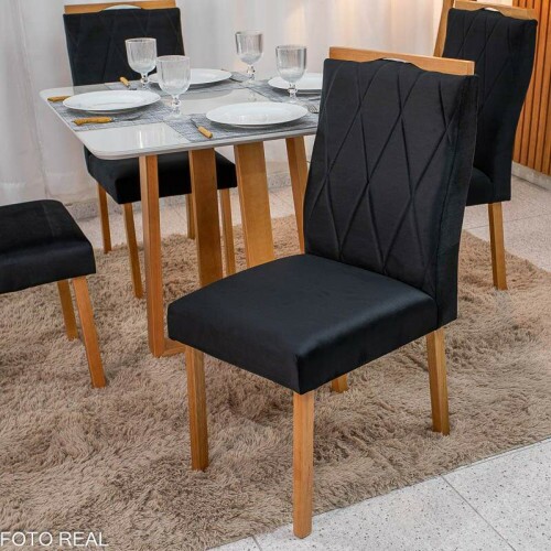 Mesa de Jantar Pedro 90x90 Vidro Off/Base Madeira + 4 Cad. Lisboa Veludo Preto 504 Madeira Art Assento - Entregue Montada