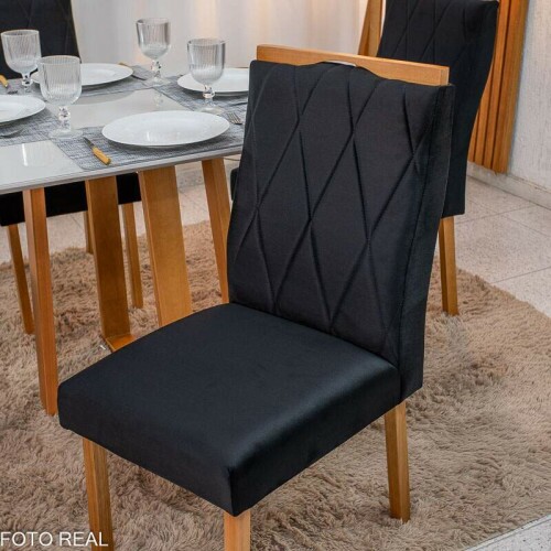 Mesa de Jantar Pedro 90x90 Vidro Off/Base Madeira + 4 Cad. Lisboa Veludo Preto 504 Madeira Art Assento - Entregue Montada