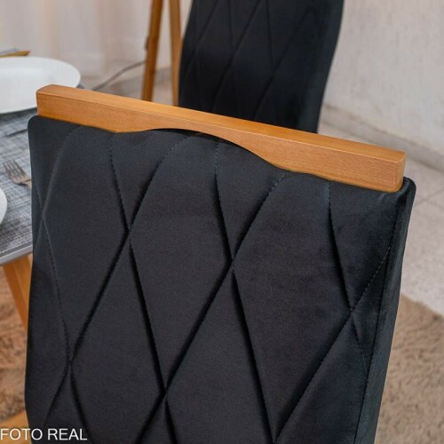 Mesa de Jantar Pedro 90x90 Vidro Off/Base Madeira + 4 Cad. Lisboa Veludo Preto 504 Madeira Art Assento - Entregue Montada