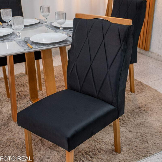 Mesa de Jantar Pedro 90x90 Vidro Off Base Madeira + 4 Cadeiras Lisboa Veludo Preto 504 Art Assento - Entregue Montada