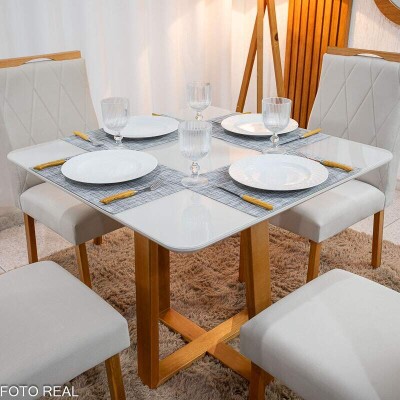 Mesa de Jantar Pedro 90x90 Vidro Off/Base Madeira + 4 Cad. Lisboa Veludo Bege 512 Madeira Art Assento - Entregue Montada