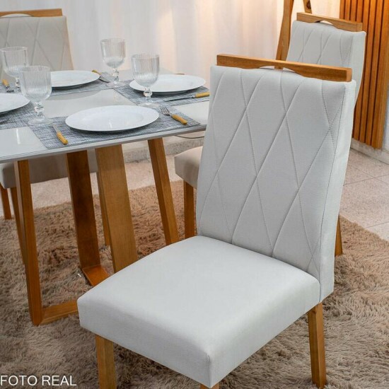 Mesa de Jantar Pedro 90x90 Vidro Off Base Madeira + 4 Cadeiras Lisboa Veludo Bege 512 Art Assento - Entregue Montada