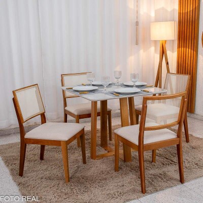 Mesa de Jantar Pedro 90x90 Vidro Off Base Madeira + 4 Cadeiras Dubai Linho Bege 629 em Madeira Art Assento | Entregue Montada