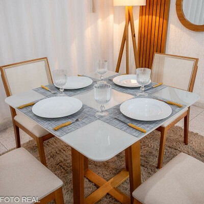 Mesa de Jantar Pedro 90x90 Vidro Off Base Madeira + 4 Cadeiras Dubai Linho Bege 629 em Madeira Art Assento | Entregue Montada
