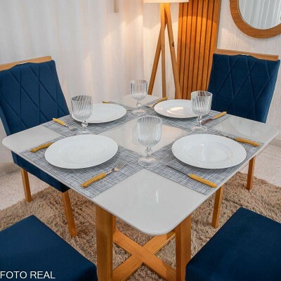 Mesa de Jantar Pedro 90x90 Vidro Off/Base Madeira + 4 Cad. Lisboa Veludo Azul 503 Madeira Art Assento - Entregue Montada