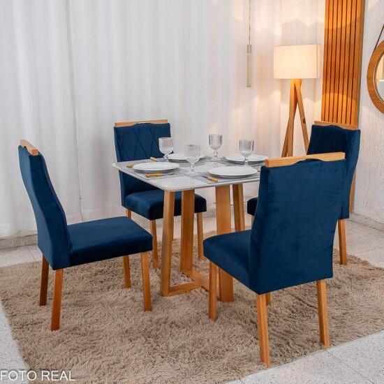 Mesa de Jantar Pedro 90x90 Vidro Off/Base Madeira + 4 Cad. Lisboa Veludo Azul 503 Madeira Art Assento - Entregue Montada