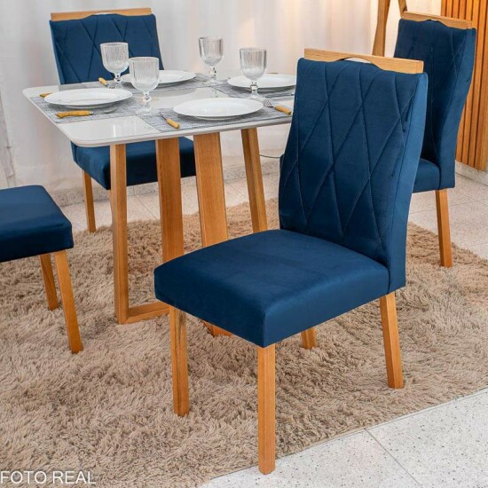 Mesa de Jantar Pedro 90x90 Vidro Off/Base Madeira + 4 Cad. Lisboa Veludo Azul 503 Madeira Art Assento - Entregue Montada