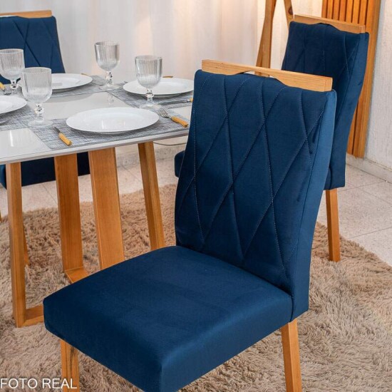 Mesa de Jantar Pedro 90x90 Vidro Off/Base Madeira + 4 Cad. Lisboa Veludo Azul 503 Madeira Art Assento - Entregue Montada